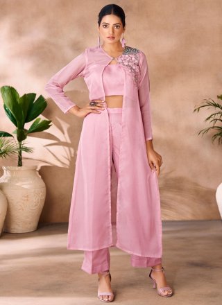 Beads and Embroidered Work Organza Designer Kurti In Pink Color