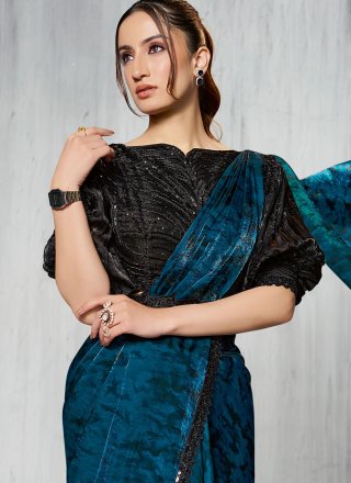 Beads and Patch Border Work Satin Silk Designer Sari In Blue for Ceremonial