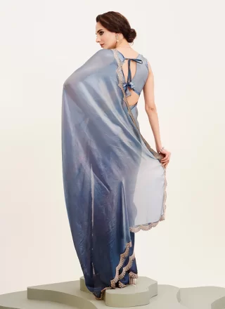 Beads and Stone Work Satin Contemporary Saree In Blue for Ceremonial