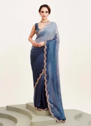 Beads and Stone Work Satin Contemporary Saree In Blue for Ceremonial
