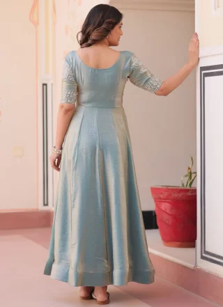 Beads and Thread Work Silk Gown In Blue and Grey for Ceremonial