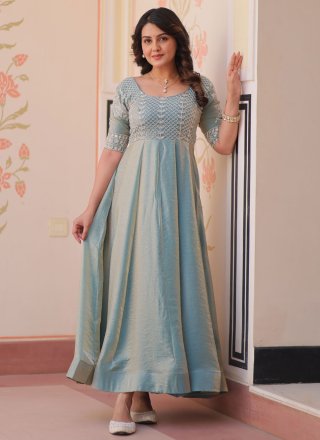 Beads and Thread Work Silk Gown In Blue and Grey for Ceremonial