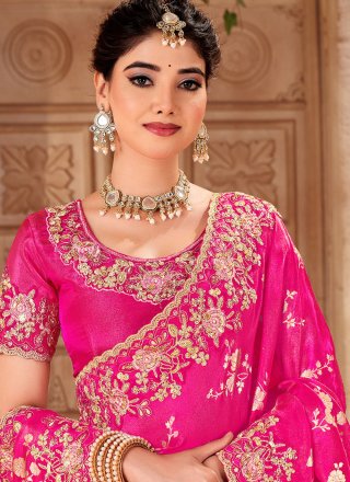 Beads, Booti, Embroidered, Jacquard, Resham, Sequins, Stone and Zari Work Tissue Traditional Saree In Rani
