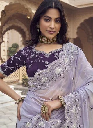 Beads, Cord, Cut, Embroidered and Thread Work Silk Classic Sari In Lavender for Ceremonial