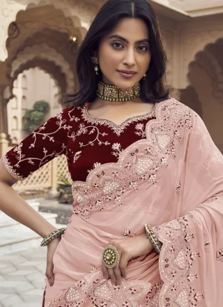 Beads, Cord, Cut, Embroidered and Thread Work Silk Contemporary Saree In Peach
