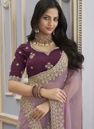 Beads, Cord, Embroidered and Thread Work Crush Classic Sari In Purple