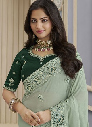 Beads, Cord, Embroidered and Thread Work Georgette Classic Saree In Green and Grey for Engagement