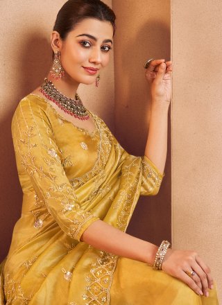 Beads, Cut, Embroidered, Sequins and Zari Work Tissue Contemporary Sari In Yellow