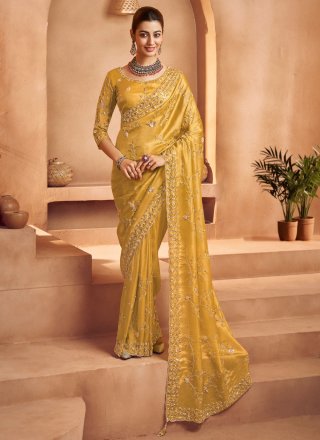 Beads, Cut, Embroidered, Sequins and Zari Work Tissue Contemporary Sari In Yellow