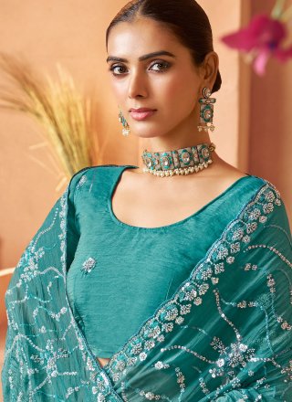 Beads, Cut, Embroidered, Sequins, Thread and Zari Work Tissue Classic Sari In Rama