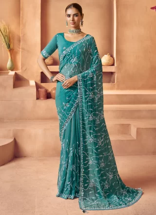 Beads, Cut, Embroidered, Sequins, Thread and Zari Work Tissue Classic Sari In Rama