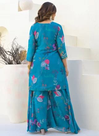 Beads, Digital Print and Zari Work Georgette Salwar Suit In Blue for Ceremonial