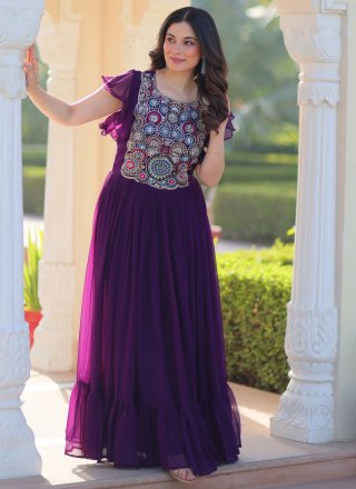 Beads, Embroidered and Sequins Work Faux Georgette Gown In Purple for Festival