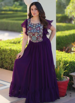 Beads, Embroidered and Sequins Work Faux Georgette Gown In Purple for Festival