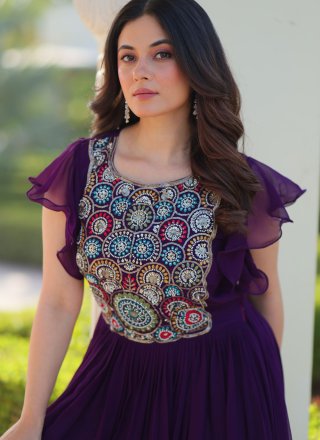 Beads, Embroidered and Sequins Work Faux Georgette Gown In Purple for Festival