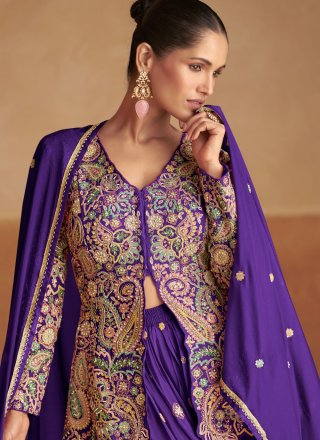 Beads, Embroidered, Fancy and Zari Work Chinon Palazzo Salwar Suit In Violet