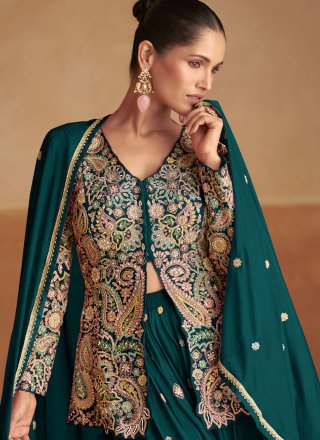 Beads, Embroidered, Fancy and Zari Work Chinon Salwar Suit In Green and Teal