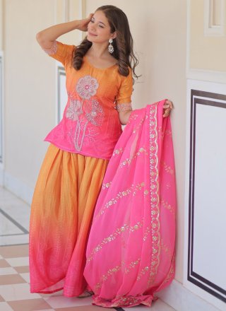 Beads, Embroidered, Print, Sequins and Thread Work Chinon Palazzo Salwar Suit In Pink for Ceremonial