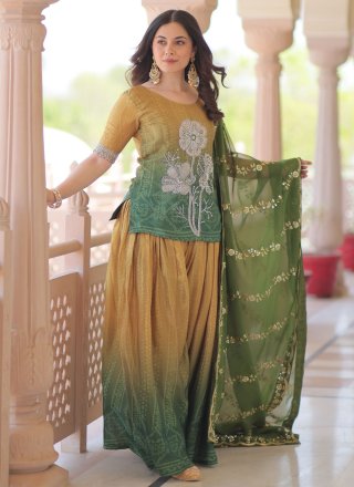 Beads, Embroidered, Print, Sequins and Thread Work Chinon Readymade Salwar Suit In Green Colour