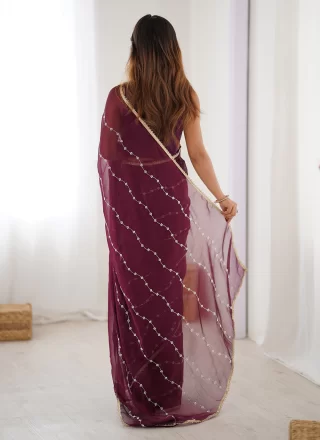 Beads, Lace and Moti Work Chiffon Classic Saree In Wine for Ceremonial