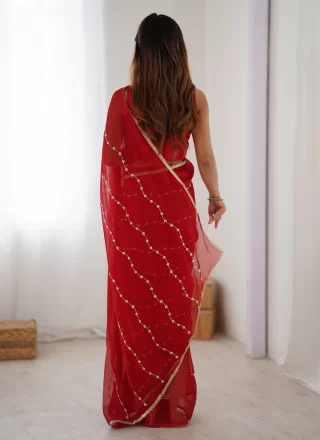Beads, Lace and Moti Work Chiffon Trendy Saree In Red for Ceremonial