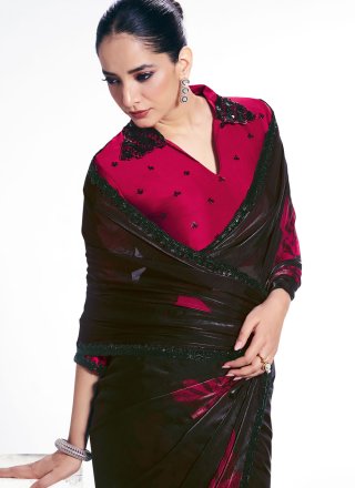 Beads, Patch Border and Floral Patch Work Satin Silk Classic Sari In Black