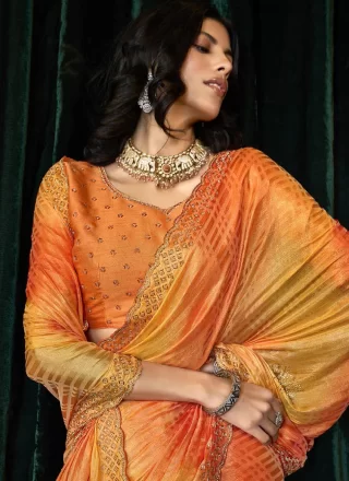 Beads, Patch Border and Thread Work Silk Classic Sari In Orange