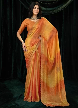 Beads, Patch Border and Thread Work Silk Classic Sari In Orange
