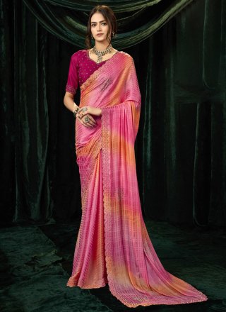 Beads, Patch Border and Thread Work Silk Contemporary Sari In Magenta