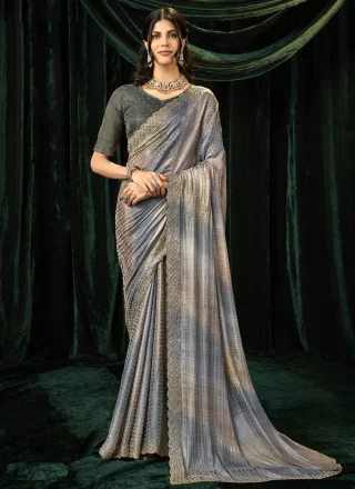 Beads, Patch Border and Thread Work Silk Traditional Saree In Grey for Ceremonial