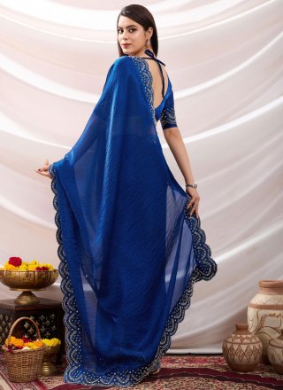 Beads, Patch Border, Cut and Stone Work Chiffon Classic Sari In Blue and Morpeach for Party