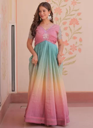 Beads, Sequins and Thread Work Crush Gown In Multi Colour