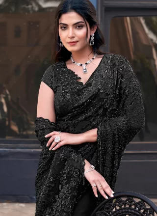 Beads Work Fancy Fabric Designer Saree In Black Colour