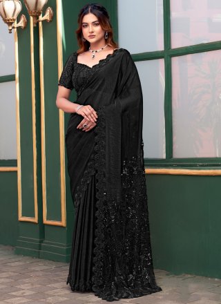 Beads Work Fancy Fabric Designer Saree In Black for Ceremonial