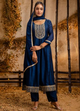 Beauteous Blue Silk Readymade Salwar Suit with Embroidered Work