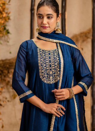 Beauteous Blue Silk Readymade Salwar Suit with Embroidered Work