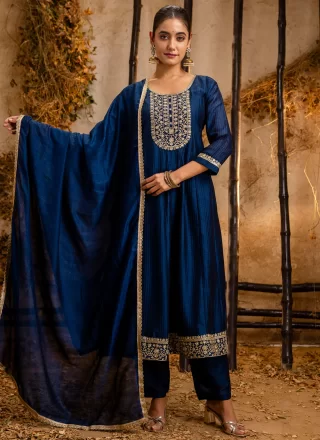 Beauteous Blue Silk Readymade Salwar Suit with Embroidered Work