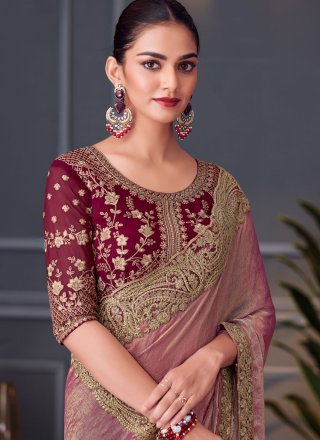 Beauteous Pink Silk Designer Sari with Patch Border, Cut, Embroidered and Zari Work