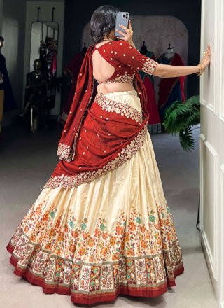 Beautiful Cream Tussar Silk A - Line Lehenga Choli