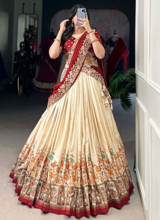 Beautiful Cream Tussar Silk A - Line Lehenga Choli
