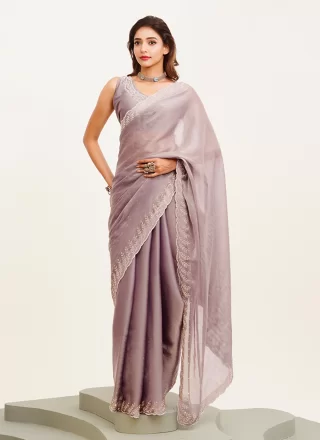 Beckoning Lavender Satin Trendy Saree with Beads and Stone Work