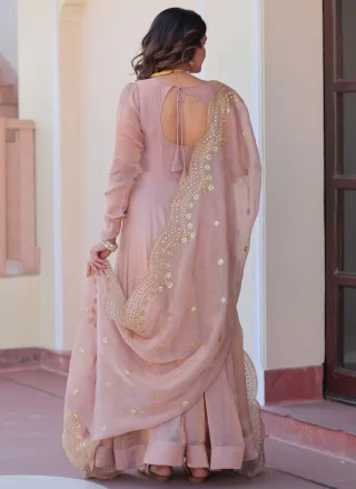 Beige and Brown Chiffon Plain Work Gown for Women