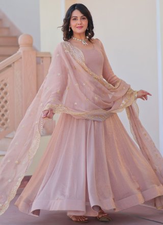 Beige and Brown Chiffon Plain Work Gown for Women
