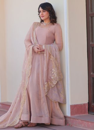 Beige and Brown Chiffon Plain Work Gown for Women
