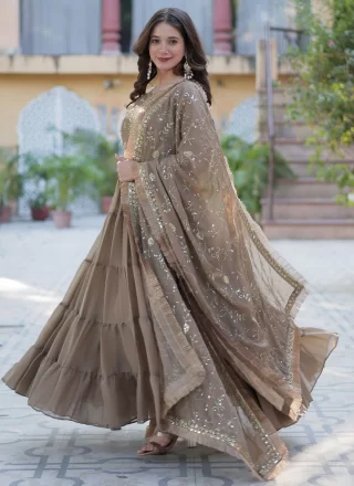 Beige and Brown Georgette Embroidered, Sequins and Zari Work  Designer Gown