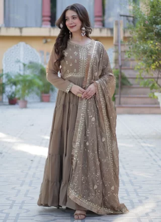 Beige and Brown Georgette Embroidered, Sequins and Zari Work  Designer Gown