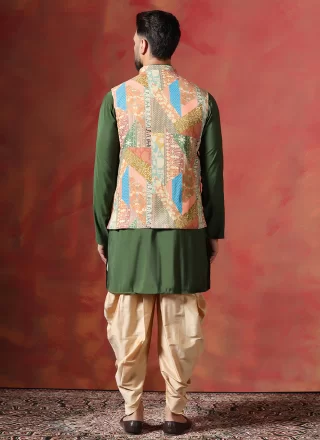 Beige and Green Blended Cotton Print Work Kurta Payjama with Jacket