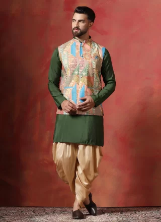 Beige and Green Blended Cotton Print Work Kurta Payjama with Jacket
