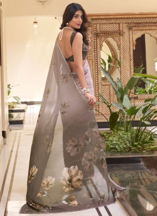 Beige and Grey Patch Border, Floral Patch and Lace Work Weight Less Contemporary Sari