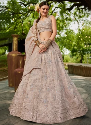 Beige and Peach Embroidered, Sequins and Zari Work Tissue Lehenga Choli